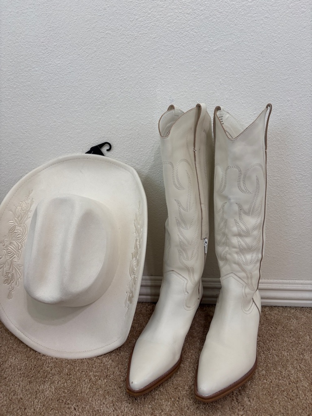 White Western Knee-High Leather Boots